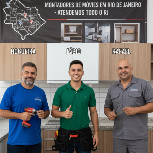 Nogueira, Fábio e Rafael, especialistas em montagem de cozinha em Penha Circular RJ, posando em frente a armários planejados.