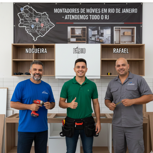 Três montadores de móveis profissionais em Penha Circular RJ: Nogueira, Fábio e Rafael com ferramentas em mãos e fundo de móveis montados.
